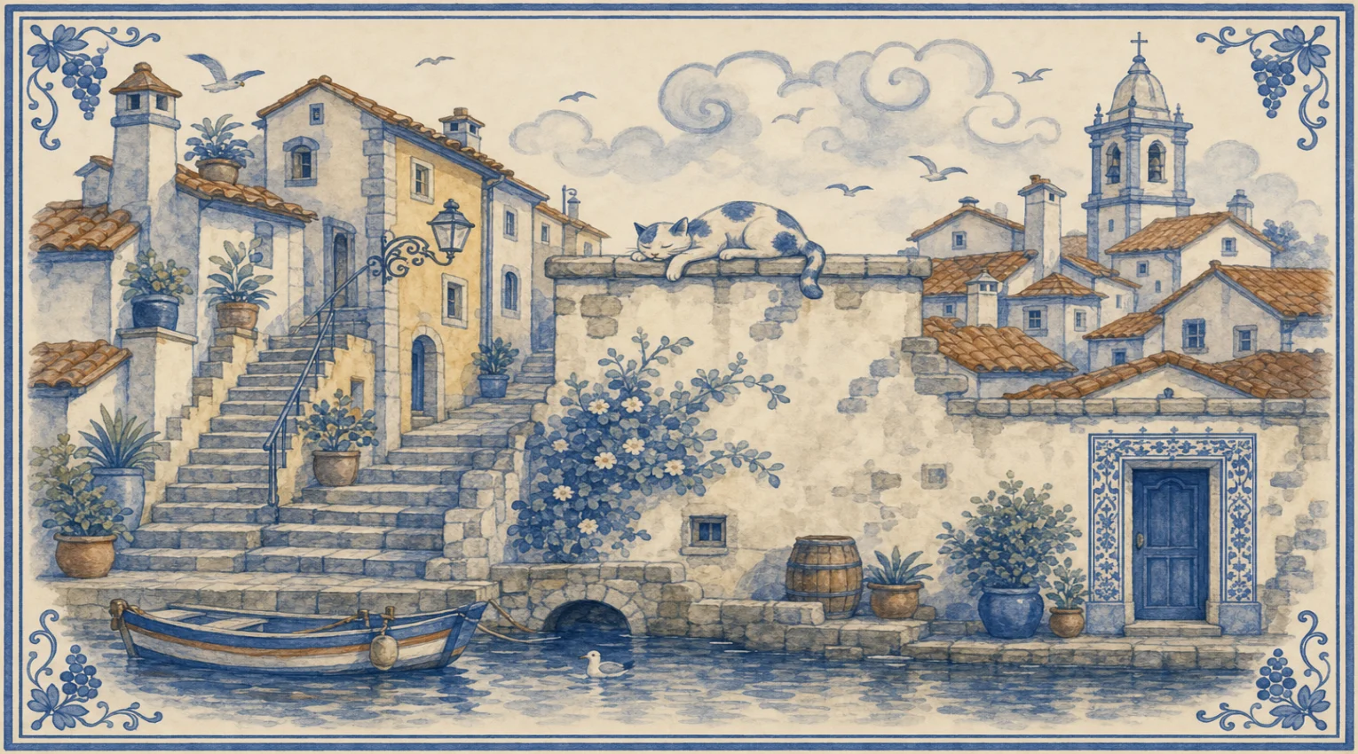 A blue-and-white azulejo mural of a patched cat asleep along the top of a tall sunlit wall, one paw and its tail hanging over the edge, beside a steep flight of stone stairs climbing from the river between tall houses, with an iron handrail, a lantern on a scrolled bracket and potted plants, a flowering vine on the wall, a barrel and pots by a doorway with a tiled surround, a small boat and a gull on the water, and rooftops, chimneys and a church tower under curling clouds and gulls.