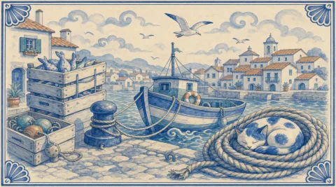 A blue-and-white azulejo mural of a patched cat curled asleep in a big coil of thick mooring rope on a cobbled quay, beside an iron bollard with lines running out to a striped fishing boat with a wheelhouse and a lifebuoy, a stack of wooden crates full of fish and a crate of floats, a whitewashed house with shutters and a potted plant, and across the harbour a town of terracotta roofs and a bell tower under gulls and curling clouds.
