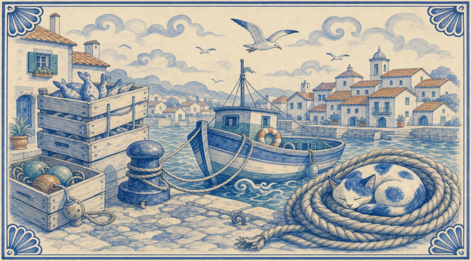 A blue-and-white azulejo mural of a patched cat curled asleep in a big coil of thick mooring rope on a cobbled quay, beside an iron bollard with lines running out to a striped fishing boat with a wheelhouse and a lifebuoy, a stack of wooden crates full of fish and a crate of floats, a whitewashed house with shutters and a potted plant, and across the harbour a town of terracotta roofs and a bell tower under gulls and curling clouds.