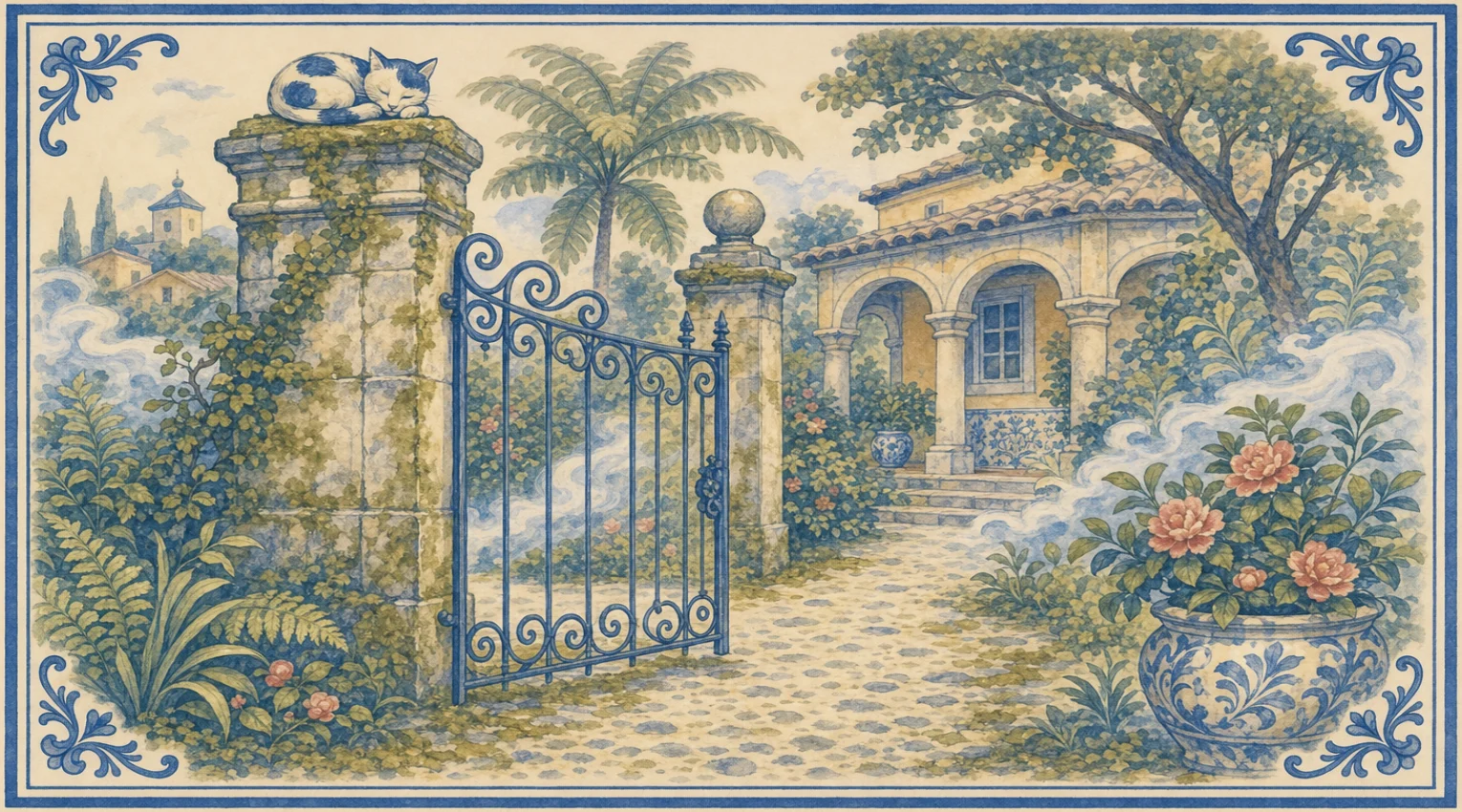 A blue-and-white azulejo mural of a patched cat curled asleep on top of a tall, square stone gate pillar covered in moss and ivy, beside an open blue wrought-iron gate with scrollwork and a second pillar topped with a stone ball, with mist scrolls drifting through the bars past flowering camellias, a cobbled path leading to an ochre villa with a terracotta roof, an arched loggia, a blue-and-white tiled panel, a blue-and-white urn and steps up to the porch, a tall feathery tree fern and a big spreading tree, ferns and broad leaves at the foot of the pillar, camellias in a big blue-and-white pot, and a hill town with cypresses and a domed tower in the mist under curling clouds.