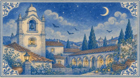 A blue-and-white azulejo mural of a monastery bell tower at nightfall under a crescent moon and stars, bats flying over terracotta roofs and cypress trees, lanterns glowing in the cloister arcade and the tower window, potted flowers and a basket in the foreground.