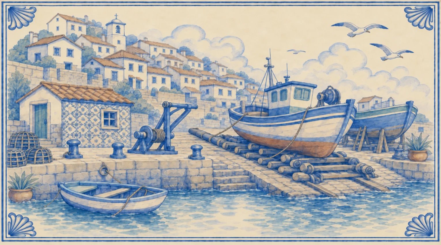 A blue-and-white azulejo mural of a fishing boat hauled up a stone slipway on wooden rollers by a rope from a winch, a second boat propped on trestles beside it, a small tiled boathouse with a terracotta roof, bollards and lobster pots on the quay, a rowing boat moored in the water, gulls overhead and whitewashed houses with a bell tower climbing the hill.