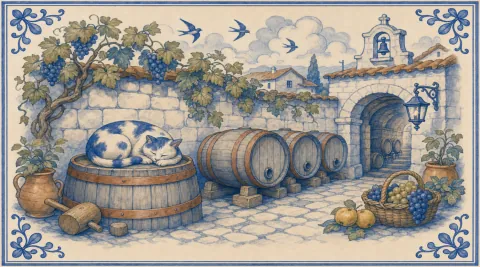 A blue-and-white azulejo mural of a patched cat curled asleep on top of an oak barrel in a monastery cellar yard, a wooden mallet at its foot, three more barrels on blocks beside an arched cellar door, a vine with grapes along the stone wall and a basket of grapes and quinces.