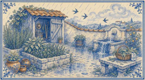 A blue-and-white azulejo mural of autumn rain falling on a walled monastery herb garden, with rosemary and sage in raised stone beds, a tool shed with its door open, puddles rippling on the cobbles, an overflowing stone fountain, swallows in the sky and a basket of cut sage on a stone bench.