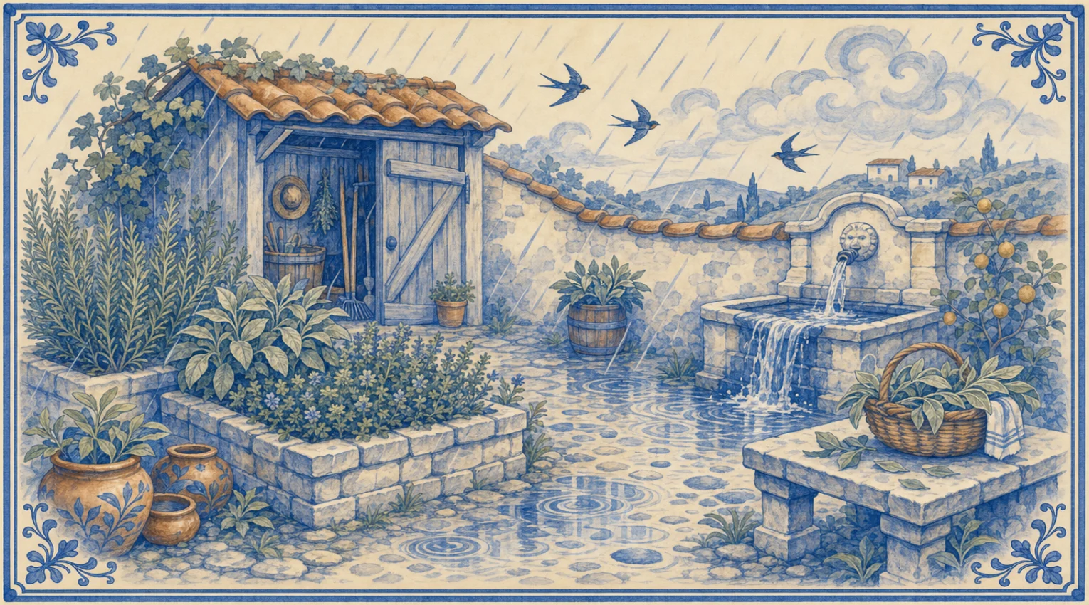 A blue-and-white azulejo mural of autumn rain falling on a walled monastery herb garden, with rosemary and sage in raised stone beds, a tool shed with its door open, puddles rippling on the cobbles, an overflowing stone fountain, swallows in the sky and a basket of cut sage on a stone bench.