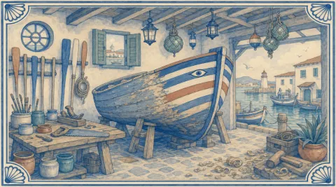 A blue-and-white azulejo mural of a wooden boat on trestles inside an open boathouse, its hull half flaking old paint and half fresh blue, white and terracotta stripes with a painted eye on the bow, a workbench with paint pots, brushes, a plane and a saw, oars and a coil of rope racked on the wall beside a round window and a shuttered window, lanterns and glass floats hanging from the roof beams, wood shavings and a mallet on the floor, and through the open side a harbour with moored boats, whitewashed houses and a lighthouse.