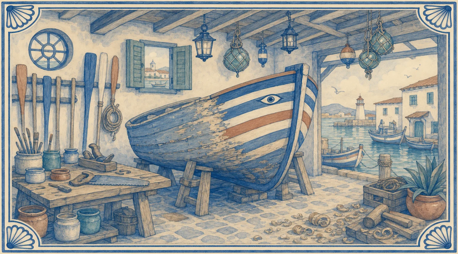 A blue-and-white azulejo mural of a wooden boat on trestles inside an open boathouse, its hull half flaking old paint and half fresh blue, white and terracotta stripes with a painted eye on the bow, a workbench with paint pots, brushes, a plane and a saw, oars and a coil of rope racked on the wall beside a round window and a shuttered window, lanterns and glass floats hanging from the roof beams, wood shavings and a mallet on the floor, and through the open side a harbour with moored boats, whitewashed houses and a lighthouse.
