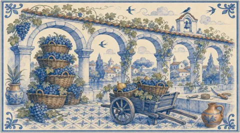 A blue-and-white azulejo mural of wicker baskets heaped with grapes stacked beneath a vine-hung cloister arcade, a wooden handcart of grapes and quinces on the patterned floor, a little bell tower on the roof and a riverside village seen through the arches.