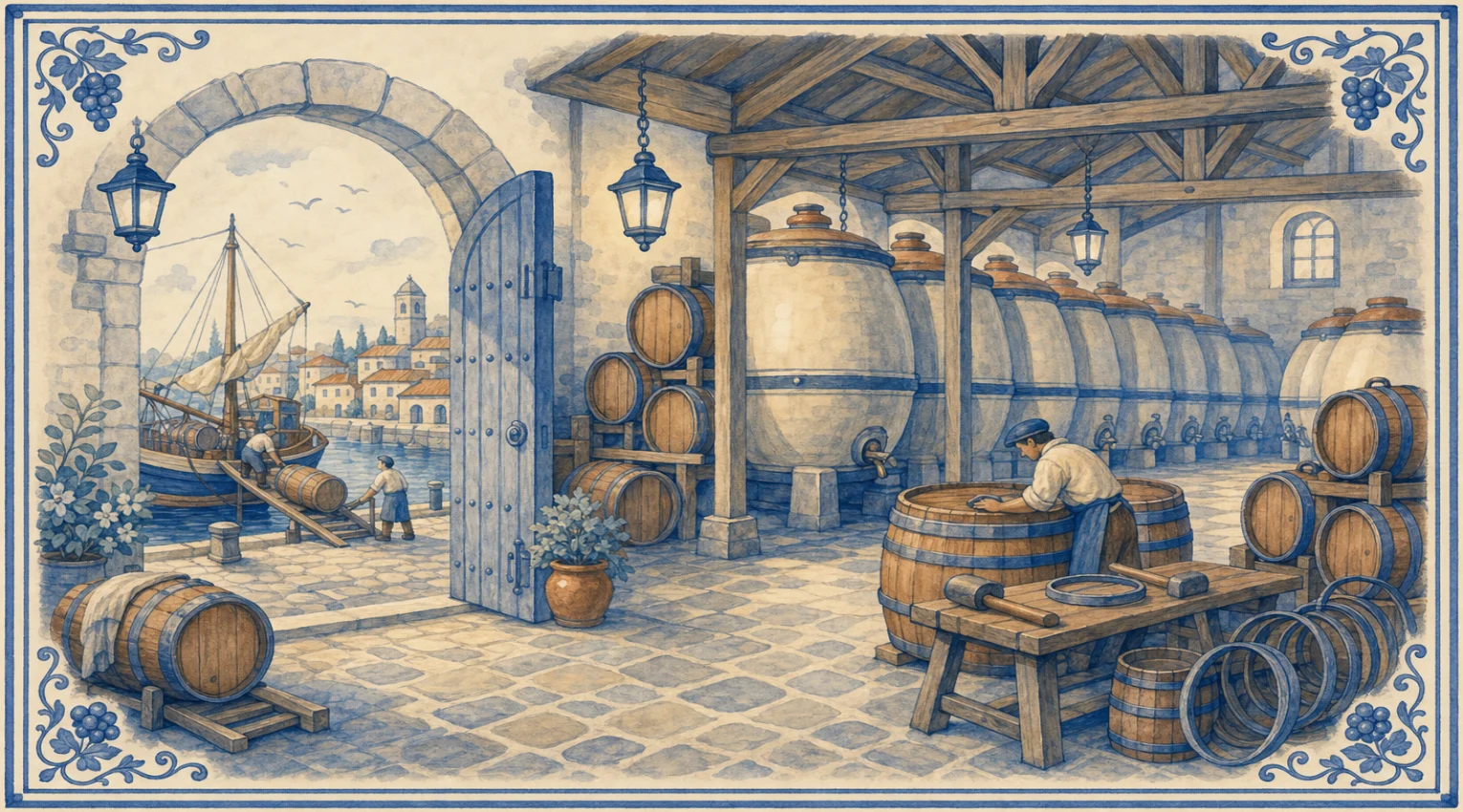 A blue-and-white azulejo mural of a wine lodge under a timber roof with big trusses, a long row of huge vats with taps and stacks of barrels, a cellarman in a cap wiping the lid of a barrel beside a cooper's bench with a mallet and hoops, hanging lanterns and a high arched window, and through a tall stone archway with a studded door, a quay where men unload a boat and roll a barrel up a ramp below a town with a bell tower.