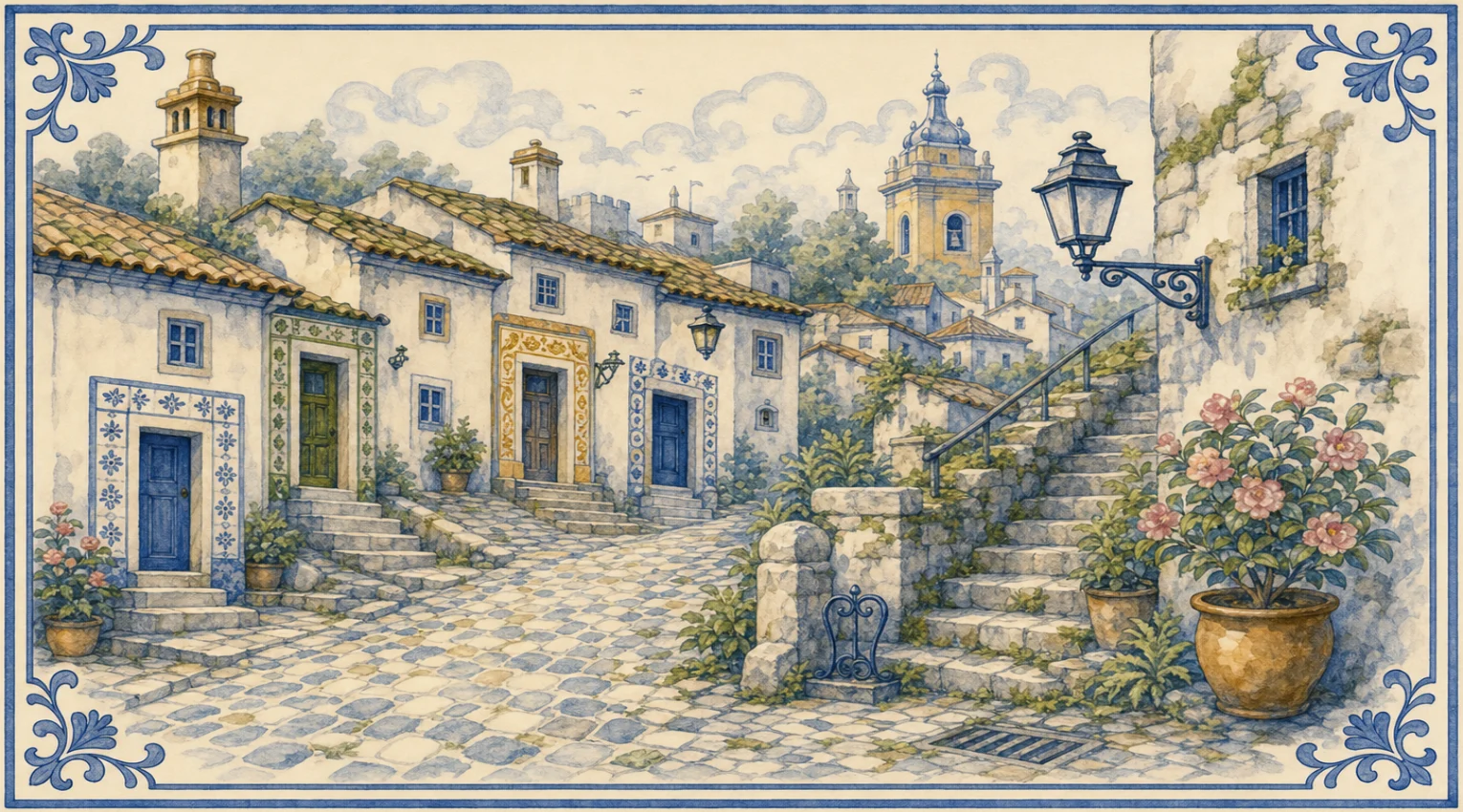 A blue-and-white azulejo mural of a cobbled lane climbing between whitewashed houses with mossy terracotta roofs, each doorway up its own short flight of steps and framed by a different tiled surround in blue, green or ochre, with small wall lanterns, windows and potted plants, and on the right a flight of stone steps with an iron handrail climbing past stone pillars and an iron boot-scraper, a big lantern on a scrolled bracket, an ivy-covered stone wall with a window, camellias in clay pots, ferns and moss in the cracks and a drain in the cobbles, under chimneys, an ochre bell tower with a blue dome and the roofs of the hill town among trees, curling clouds and a few birds.