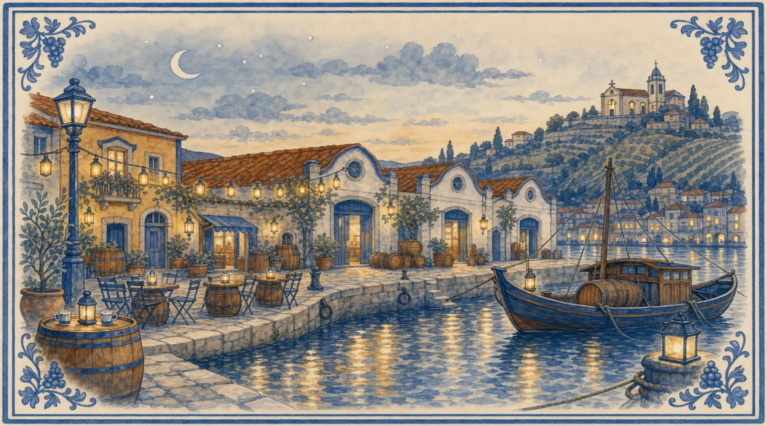 A blue-and-white azulejo mural of a riverside quay in front of the wine lodges at dusk, with strings of glowing lanterns over barrel tables and folding chairs, two cups on a barrel by a lit lamp post, potted olive trees, lodges with long terracotta roofs, round windows and lit doorways stacked with barrels, a moored boat carrying a barrel and a lantern, a lantern on a mooring post, golden reflections in the river, and a lit hill town and church under a crescent moon and stars.