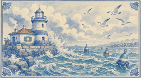 A blue-and-white azulejo mural of a striped stone lighthouse at the end of a breakwater, beside a small keeper's cottage with a terracotta roof, a smoking chimney, a lit shuttered window, a potted plant and stone steps, big scrolled waves breaking white against the breakwater blocks, a choppy harbour mouth with bobbing buoys, a flock of gulls riding the wind under billowing clouds, and a distant shore of hills and white houses.