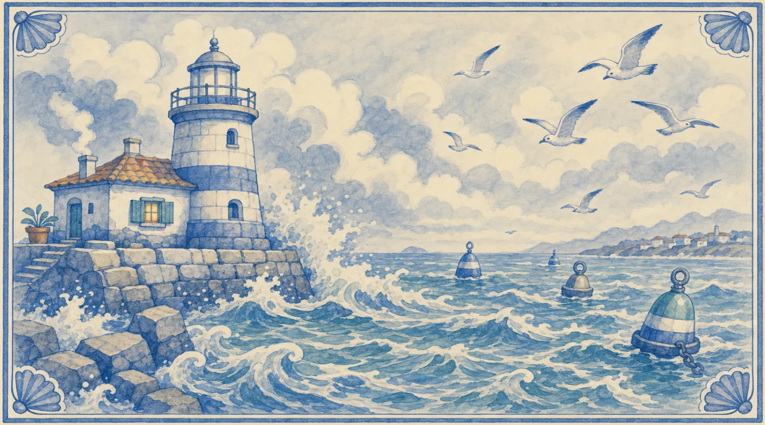 A blue-and-white azulejo mural of a striped stone lighthouse at the end of a breakwater, beside a small keeper's cottage with a terracotta roof, a smoking chimney, a lit shuttered window, a potted plant and stone steps, big scrolled waves breaking white against the breakwater blocks, a choppy harbour mouth with bobbing buoys, a flock of gulls riding the wind under billowing clouds, and a distant shore of hills and white houses.
