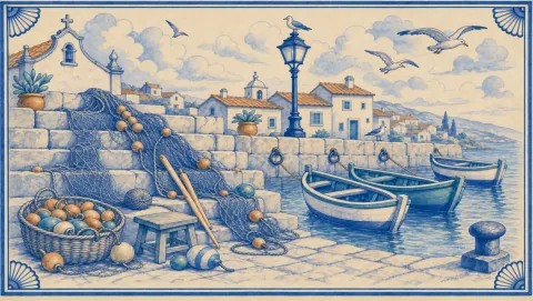 A blue-and-white azulejo mural of fishing nets with cork floats heaped down wide stone harbour steps, a wicker basket of floats, a ball of twine, a low wooden stool and two long net needles, three rowing boats tied to iron rings in the quay wall, a gull perched on a tall harbour lamp post, a whitewashed chapel with a bell gable and potted agaves, terracotta-roofed houses with a domed bell tower behind, and a stone bollard on the quay.