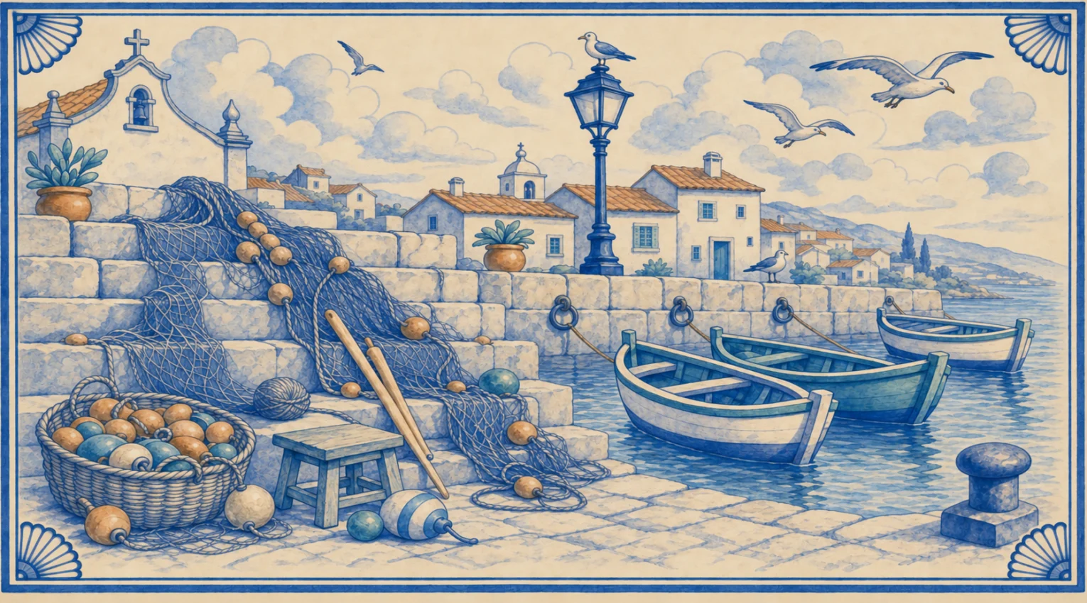 A blue-and-white azulejo mural of fishing nets with cork floats heaped down wide stone harbour steps, a wicker basket of floats, a ball of twine, a low wooden stool and two long net needles, three rowing boats tied to iron rings in the quay wall, a gull perched on a tall harbour lamp post, a whitewashed chapel with a bell gable and potted agaves, terracotta-roofed houses with a domed bell tower behind, and a stone bollard on the quay.