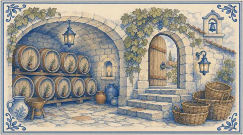 A blue-and-white azulejo mural of a vaulted monastery cellar with two rows of wine barrels, each with a sprig of rosemary on its bung, a lantern hanging from the vault and a candle in a niche, stone steps up to an open arched door under a grapevine, jugs and a stack of wicker baskets.