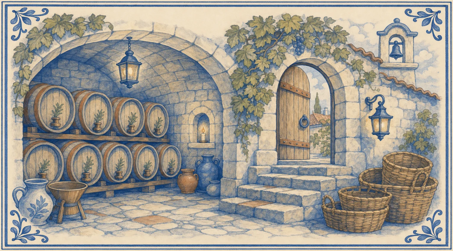 A blue-and-white azulejo mural of a vaulted monastery cellar with two rows of wine barrels, each with a sprig of rosemary on its bung, a lantern hanging from the vault and a candle in a niche, stone steps up to an open arched door under a grapevine, jugs and a stack of wicker baskets.