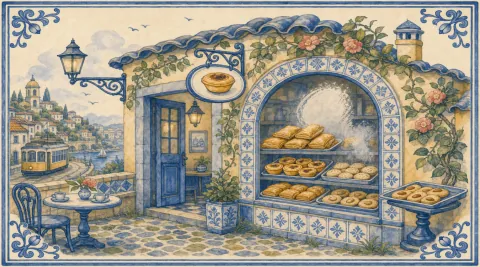 A blue-and-white azulejo mural of a pastry shop's arched window framed in blue-and-white tiles, its stepped shelves holding trays of puff-pastry pillows, little custard tarts and almond biscuits with steam curling up behind them, a tray of almond biscuits on a pedestal stand, the open blue shop door with glass panes, a small hanging lantern, a framed picture and a potted plant inside, a hanging iron sign shaped like a tart, a big lantern on a scrolled bracket, climbing vines with pink blossoms over ochre walls under a blue-tiled roof and a chimney, a blue-and-white planter, a café table with two cups and a vase of flowers beside an iron chair on the cobbles, and on the left a yellow tram on a curving track below a hill town with a domed tower and cypresses, a river with a sailboat and a stone bridge, under clouds and birds.