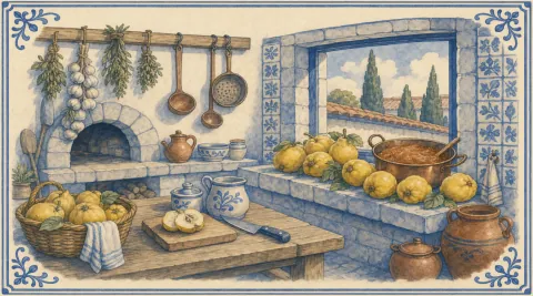 A blue-and-white azulejo mural of golden quinces lined up to cool on a tiled monastery kitchen sill beside a copper pan of quince paste, a basket of quinces and a halved quince on a chopping board, a bread oven, hanging herbs, garlic and ladles, and cypress trees beyond the window.