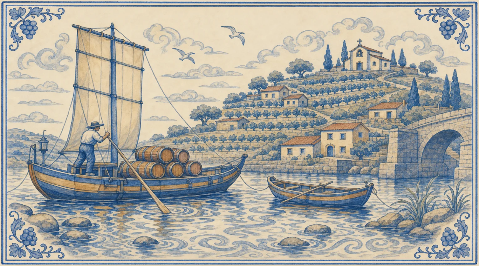 A blue-and-white azulejo mural of a flat-bottomed river boat under a tall square sail, its deck stacked with wooden barrels and a boatman in a hat standing on a raised platform at the stern, leaning on a long oar beside a lantern, a small rowing boat on the rippling water among rocks and reeds, a stone bridge arch, and a far bank of terraced vines with houses, cypresses and a hilltop chapel under gulls and curling clouds.