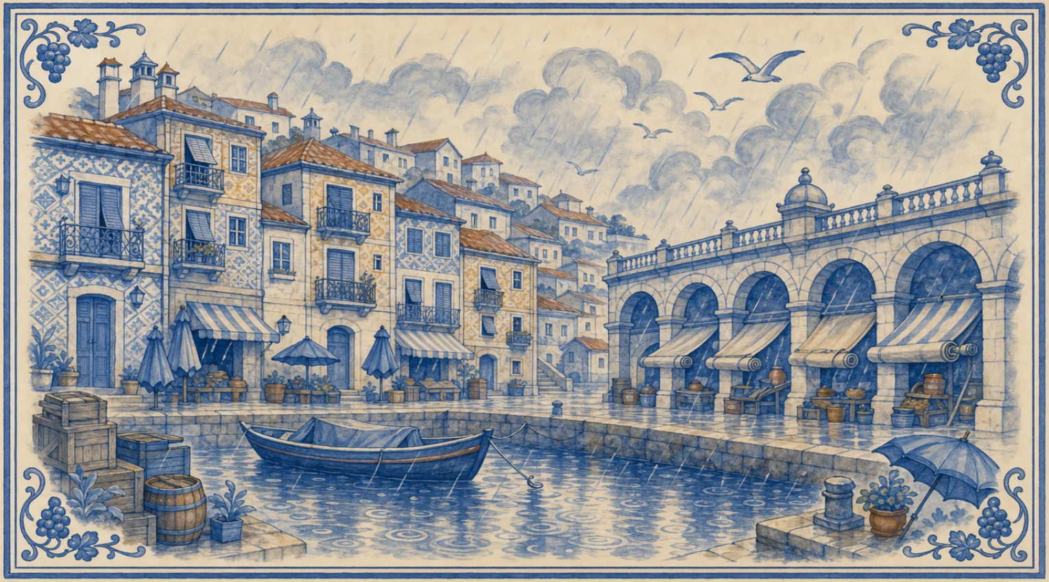 A blue-and-white azulejo mural of a run of stone arcades along a river quay in the rain, their striped market awnings half rolled up over stalls of pots, baskets and crates beneath a balustrade, tall narrow houses with patterned tile façades, iron balconies, shutters and terracotta roofs stacked up the bank, café umbrellas furled among potted plants, a covered boat moored in rain-ringed water, crates and a barrel on the quay, an open umbrella by a bollard, and gulls under rain-streaked clouds.