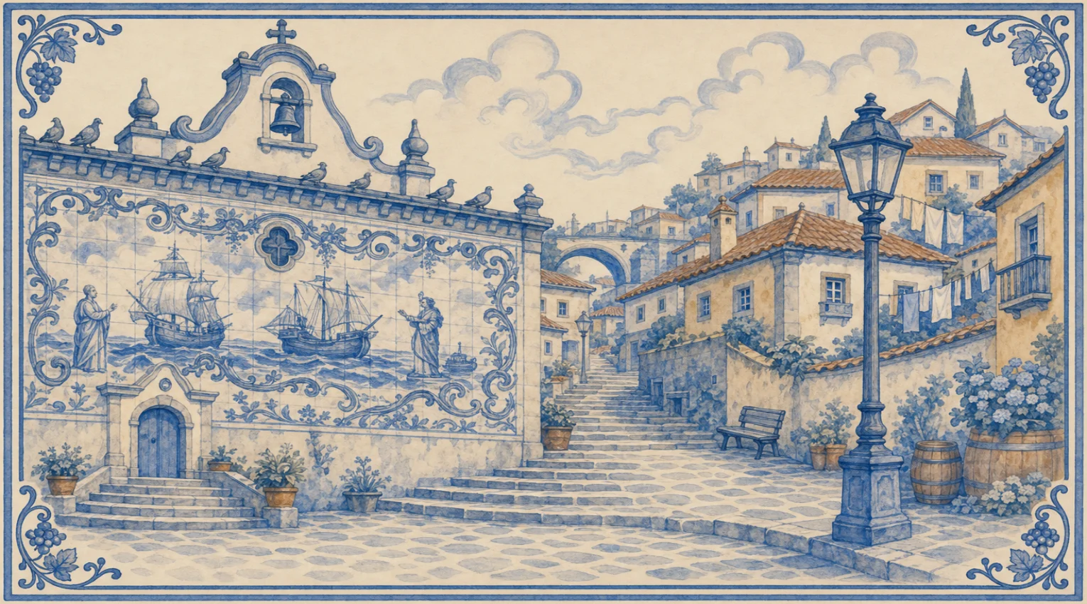 A blue-and-white azulejo mural of the tall side wall of a church tiled with a big panel of sailing ships on curling waves and two robed figures in scrolled frames, topped by a bell gable with a cross and a row of pigeons along the cornice, a small arched door with steps and potted plants, a steep stepped street climbing past a lamp post, a bench and barrels of flowers to houses with terracotta roofs and laundry on the lines, and a distant bridge arch under curling clouds.