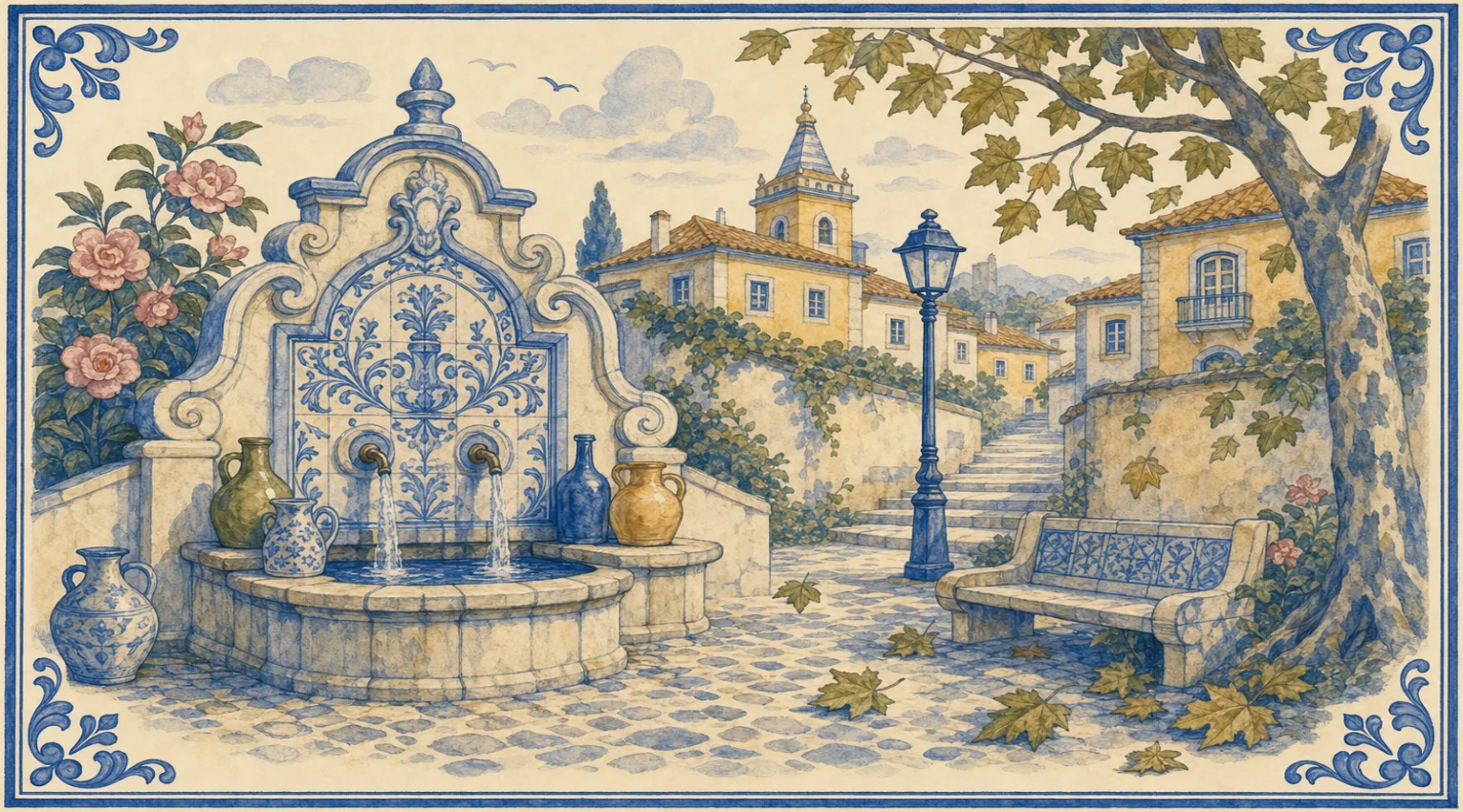 A blue-and-white azulejo mural of a wall fountain in a sloping square, its blue-and-white tiled back panel framed in carved stone scrolls under a pointed finial, two bronze spouts running into a round stone basin, jugs and bottles in green, blue and ochre lined up on the rim and a big blue-and-white jug on the cobbles, pink camellias behind the fountain, an iron lamp post, a stone bench with a blue tiled back, a big plane tree with a mottled trunk dropping leaves across the cobbles, stone steps climbing between ivy-covered walls to a lane of ochre houses with terracotta roofs and a balcony, a bell tower with a spire, a cypress and a castle on a far hill, under clouds and birds.