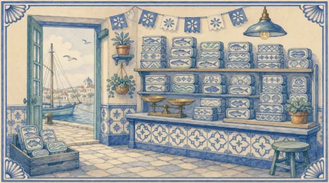 A blue-and-white azulejo mural of a quayside sardine shop with wooden shelves stacked with towers of tins, their wrappers painted with fish, waves, shells and flowers, a brass balance scale on a counter faced with patterned tiles, a stool, potted and hanging plants, a blue enamel lamp and a string of flower bunting overhead, a crate of tins on the tiled floor, and through the open door a quay with a bollard, a sailing boat, gulls and a harbour town with a domed church.