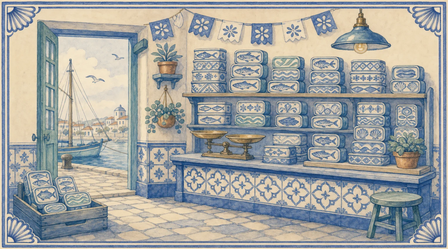 A blue-and-white azulejo mural of a quayside sardine shop with wooden shelves stacked with towers of tins, their wrappers painted with fish, waves, shells and flowers, a brass balance scale on a counter faced with patterned tiles, a stool, potted and hanging plants, a blue enamel lamp and a string of flower bunting overhead, a crate of tins on the tiled floor, and through the open door a quay with a bollard, a sailing boat, gulls and a harbour town with a domed church.