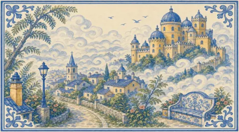 A blue-and-white azulejo mural of a fanciful hilltop palace with ochre towers, blue domes and crenellated walls rising out of swirling mist on a wooded ridge, a battlemented wall running down into the mist, and on the left a hill town of blue-tiled roofs, chimneys and a church spire stepping down the slope beside a cypress and a tall feathery tree, with a cobbled road winding up past a stone wall, an iron lamp post on a stone pillar, flowering shrubs, a chimney on a tiled roof, a tiled bench with a floral back, and birds in a sky of curling cloud scrolls.