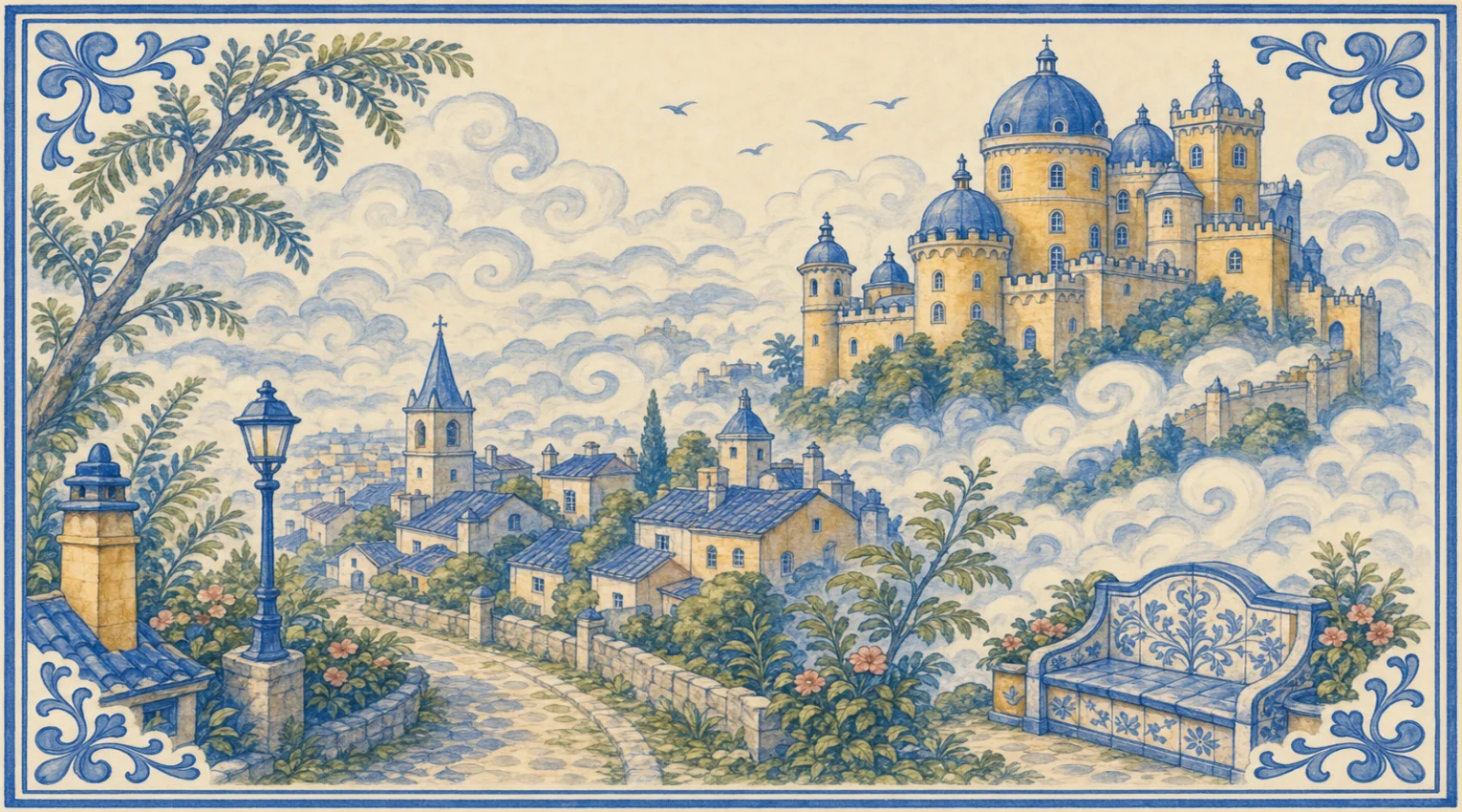 A blue-and-white azulejo mural of a fanciful hilltop palace with ochre towers, blue domes and crenellated walls rising out of swirling mist on a wooded ridge, a battlemented wall running down into the mist, and on the left a hill town of blue-tiled roofs, chimneys and a church spire stepping down the slope beside a cypress and a tall feathery tree, with a cobbled road winding up past a stone wall, an iron lamp post on a stone pillar, flowering shrubs, a chimney on a tiled roof, a tiled bench with a floral back, and birds in a sky of curling cloud scrolls.