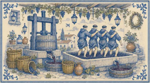 A blue-and-white azulejo mural of four monks in tucked-up habits treading grapes arm in arm in a stone lagar, beside a wooden screw press pouring juice into a tub, wicker baskets and spilled grapes on the cobbles, lanterns and a grapevine overhead and village houses beyond.