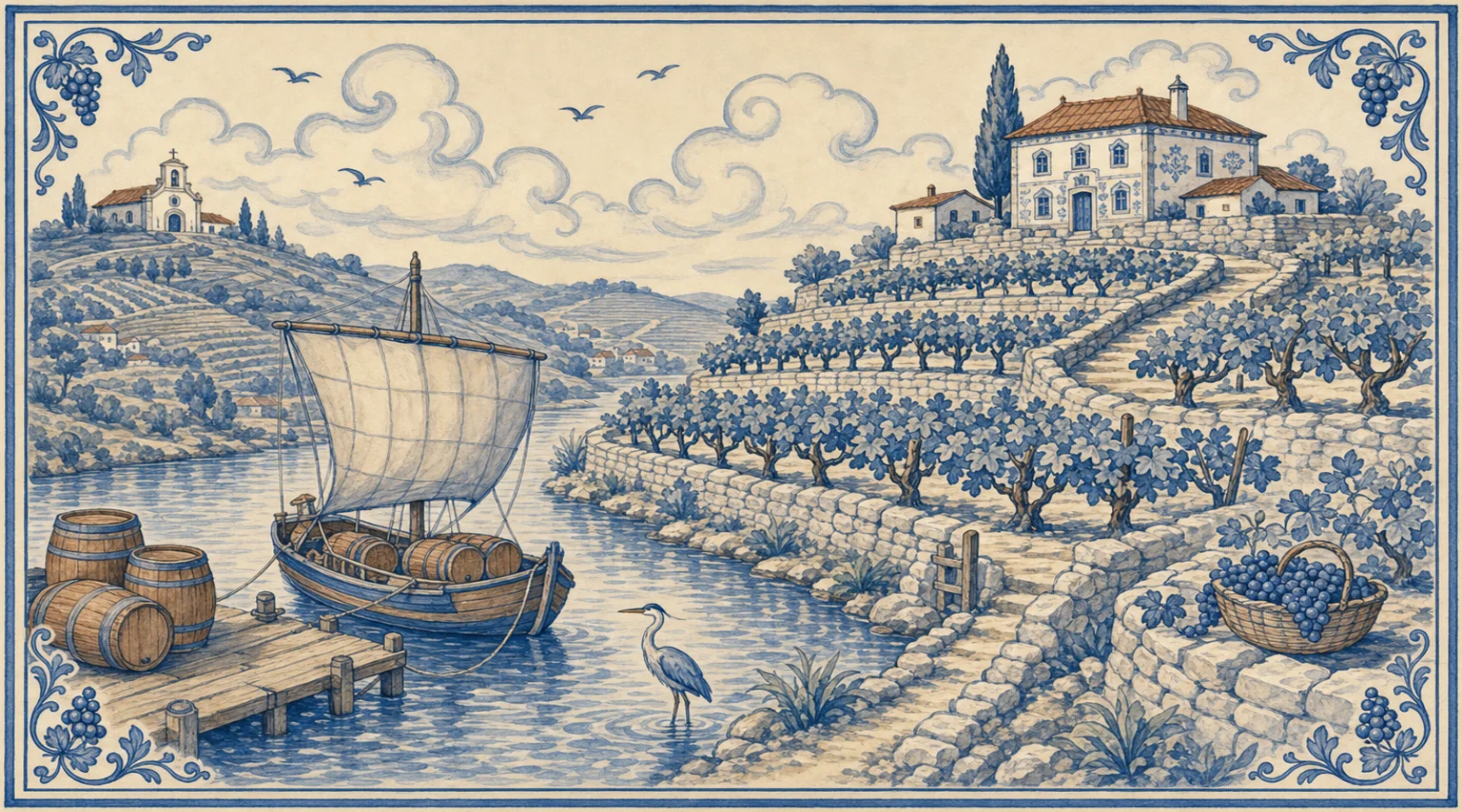 A blue-and-white azulejo mural of steep stepped vine terraces with dry-stone walls and stone stairs climbing a hill to a white farmhouse with tiled panels, a terracotta roof and a tall cypress, a basket of grapes on a terrace wall, a river curving below past a heron wading in the shallows and a wooden landing stacked with barrels, a boat loaded with barrels under a raised square sail, and a hilltop chapel, terraced hills, birds and curling clouds beyond.