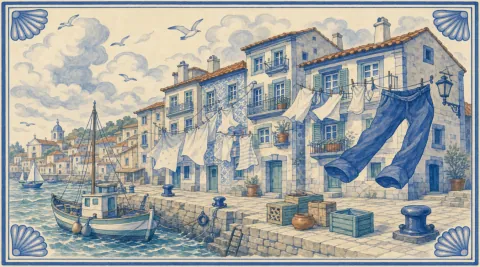A blue-and-white azulejo mural of washing lines strung between tall tiled harbour-front houses with shutters, balconies and flower pots, hung with white sheets and shirts and one enormous pair of cobalt trousers blowing in the wind, a stone quay with crates, a terracotta pot, bollards and steps with a ladder down to the water, a fishing boat with a mast moored in choppy water, a small sailboat beyond, gulls among billowing clouds and a hillside town with a domed church across the harbour.