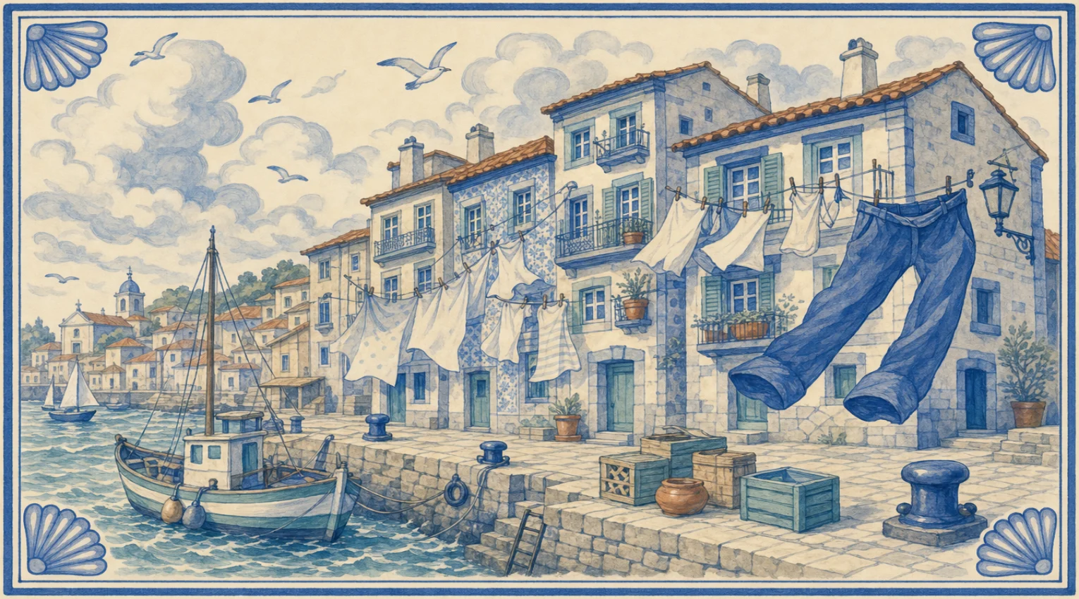 A blue-and-white azulejo mural of washing lines strung between tall tiled harbour-front houses with shutters, balconies and flower pots, hung with white sheets and shirts and one enormous pair of cobalt trousers blowing in the wind, a stone quay with crates, a terracotta pot, bollards and steps with a ladder down to the water, a fishing boat with a mast moored in choppy water, a small sailboat beyond, gulls among billowing clouds and a hillside town with a domed church across the harbour.